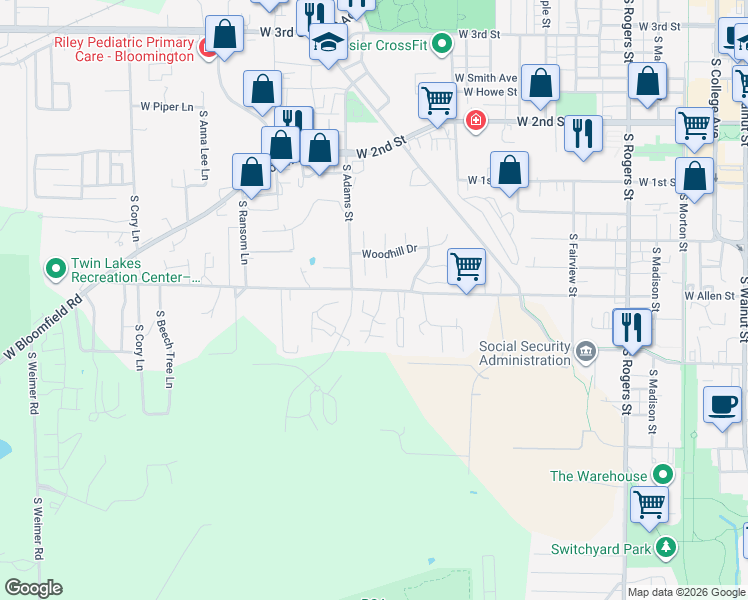 map of restaurants, bars, coffee shops, grocery stores, and more near 920 South Westhill Court in Bloomington