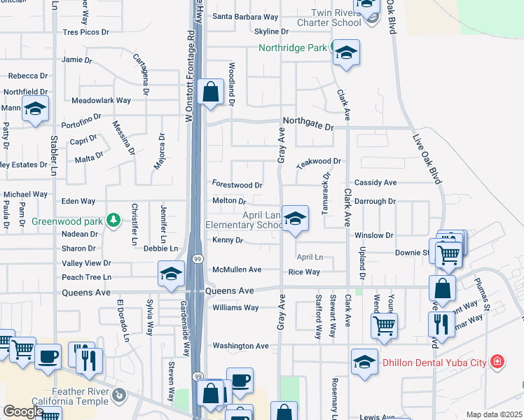 map of restaurants, bars, coffee shops, grocery stores, and more near 1140 Melton Drive in Yuba City