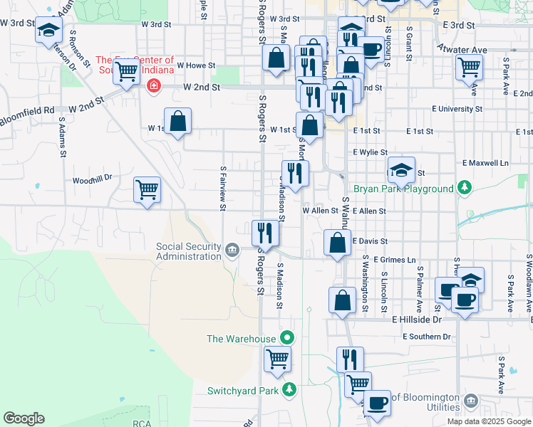 map of restaurants, bars, coffee shops, grocery stores, and more near 1016 South Madison Street in Bloomington