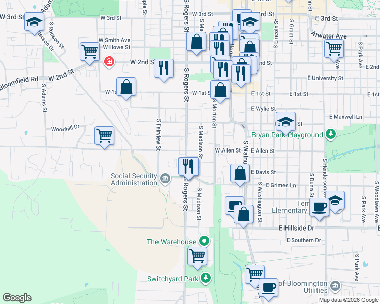 map of restaurants, bars, coffee shops, grocery stores, and more near 1016 South Madison Street in Bloomington