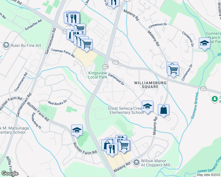 map of restaurants, bars, coffee shops, grocery stores, and more near 18217 Swiss Circle in Germantown