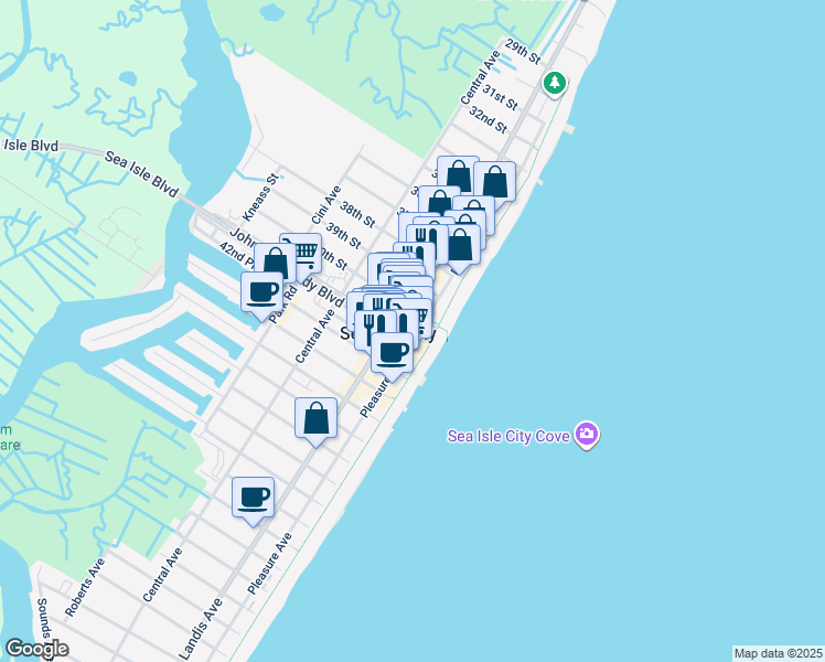 map of restaurants, bars, coffee shops, grocery stores, and more near 4010 Pleasure Avenue in Sea Isle City