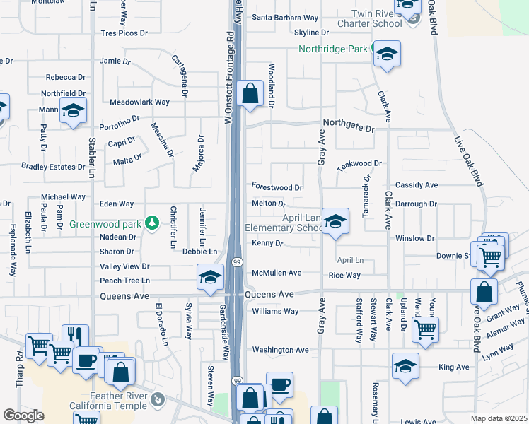 map of restaurants, bars, coffee shops, grocery stores, and more near 1250 Melton Drive in Yuba City