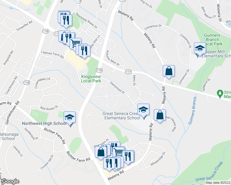 map of restaurants, bars, coffee shops, grocery stores, and more near 13121 Wonderland Way in Germantown