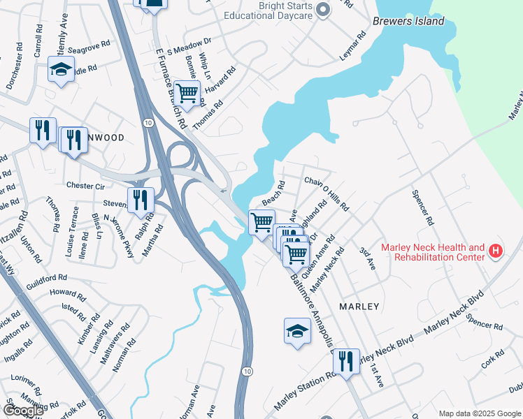 map of restaurants, bars, coffee shops, grocery stores, and more near 7602 McGowan Avenue in Glen Burnie