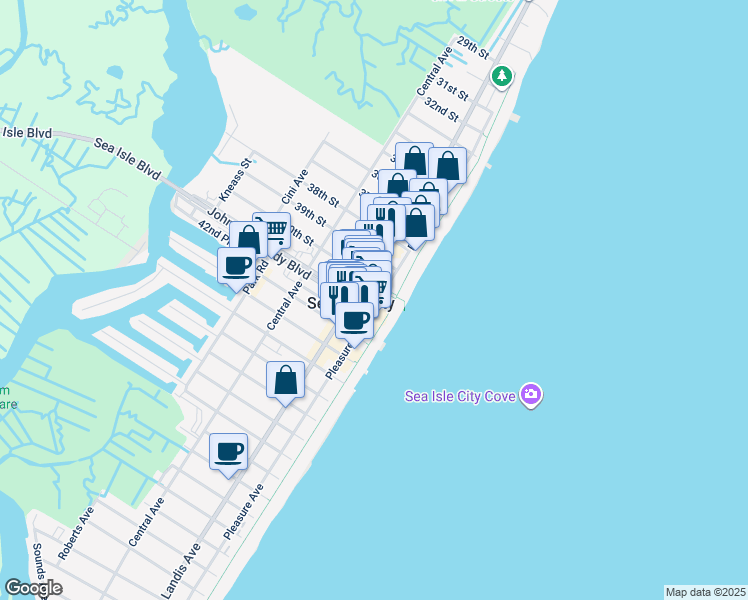 map of restaurants, bars, coffee shops, grocery stores, and more near 4010 Pleasure Avenue in Sea Isle City