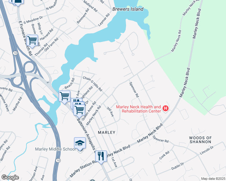 map of restaurants, bars, coffee shops, grocery stores, and more near 211 Marley Neck Road in Glen Burnie