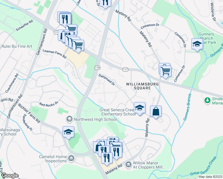 map of restaurants, bars, coffee shops, grocery stores, and more near 13121 Wonderland Way in Germantown