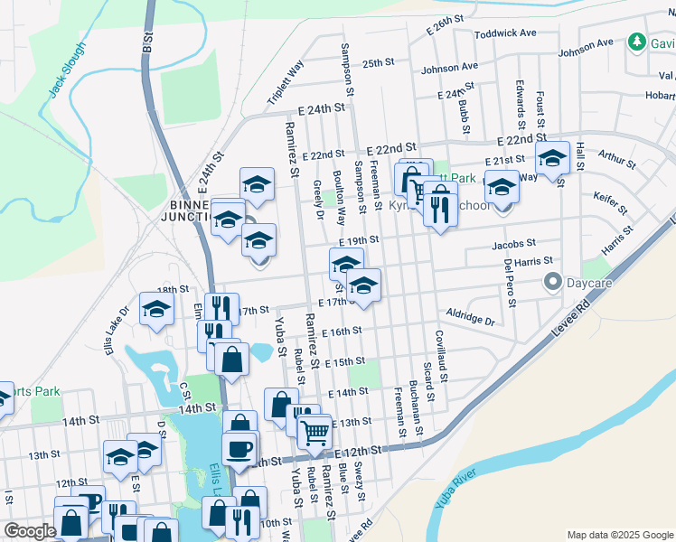 map of restaurants, bars, coffee shops, grocery stores, and more near Swezy Street & East 18th Street in Marysville