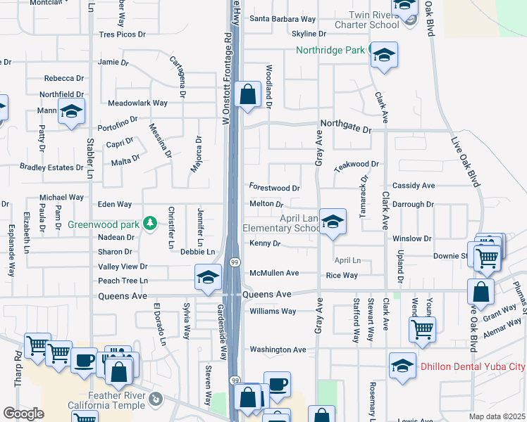 map of restaurants, bars, coffee shops, grocery stores, and more near 1250 Melton Drive in Yuba City