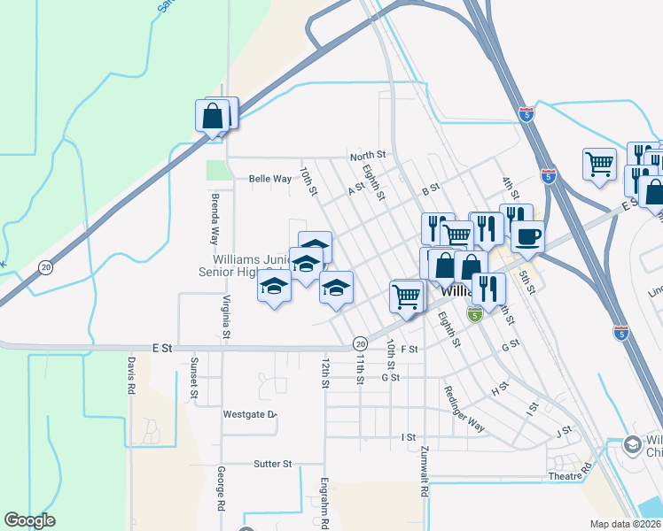 map of restaurants, bars, coffee shops, grocery stores, and more near 260 10th Street in Williams