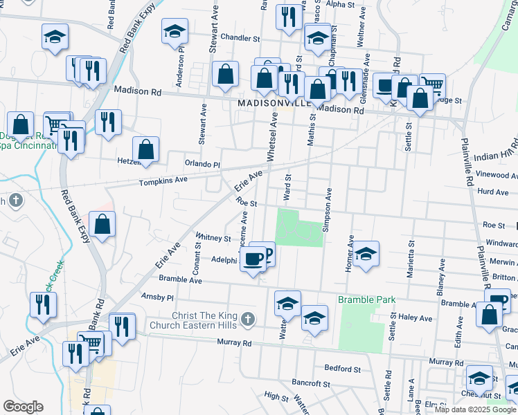 map of restaurants, bars, coffee shops, grocery stores, and more near 4605 Thoburne Street in Cincinnati