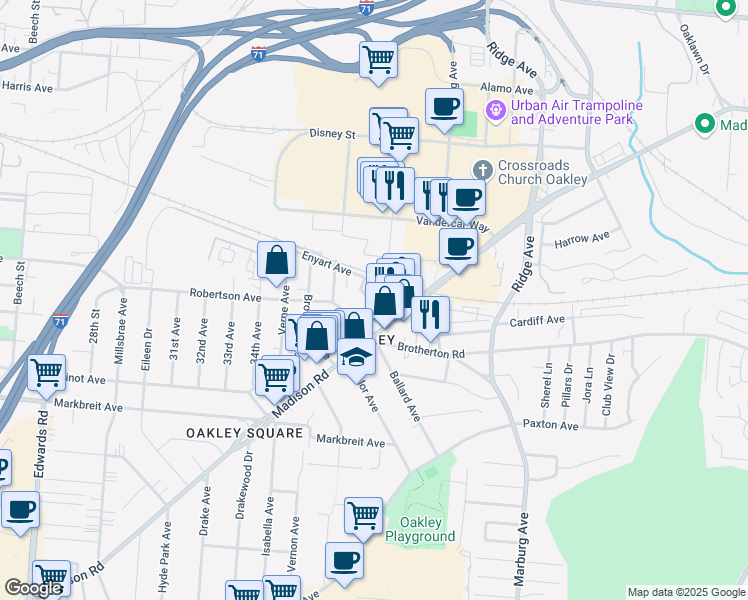 map of restaurants, bars, coffee shops, grocery stores, and more near 3225 Oakley Station Boulevard in Cincinnati