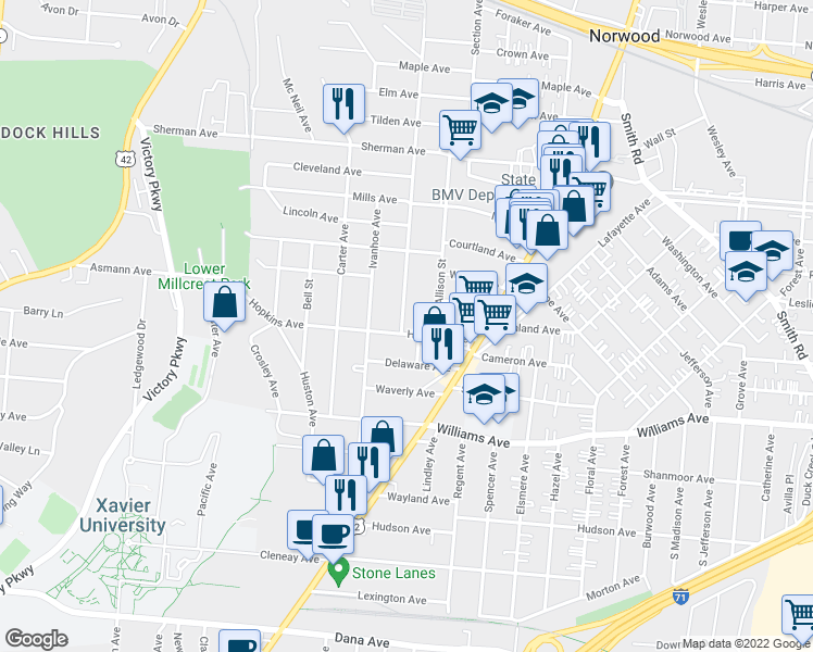 map of restaurants, bars, coffee shops, grocery stores, and more near 4217 Franklin Avenue in Cincinnati