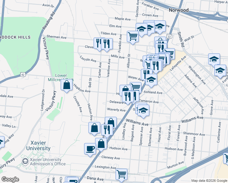 map of restaurants, bars, coffee shops, grocery stores, and more near 4217 Franklin Avenue in Cincinnati