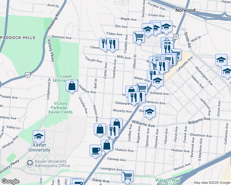map of restaurants, bars, coffee shops, grocery stores, and more near 4217 Franklin Avenue in Cincinnati