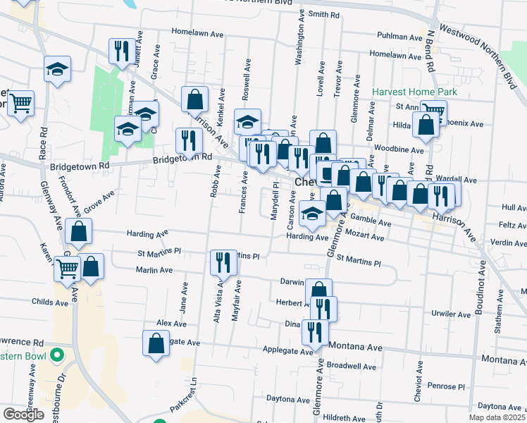map of restaurants, bars, coffee shops, grocery stores, and more near 3744 Wilmar Drive in Cincinnati