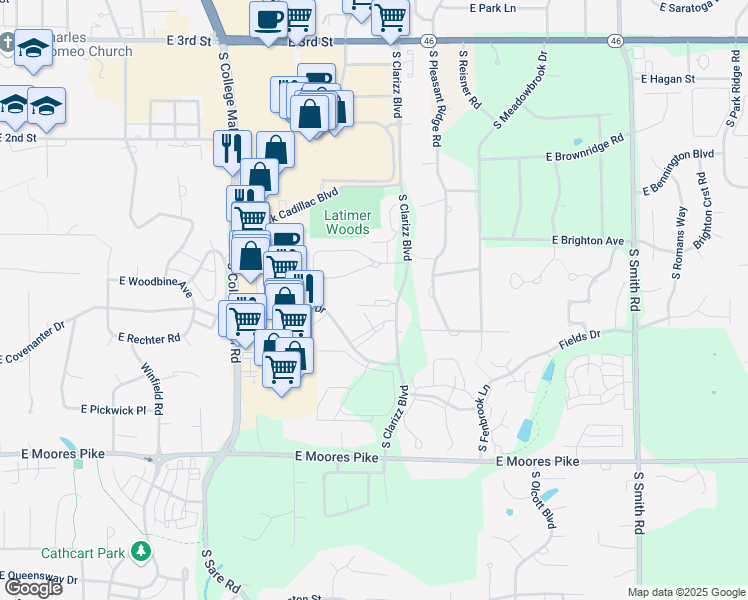 map of restaurants, bars, coffee shops, grocery stores, and more near 936 South Clarizz Boulevard in Bloomington