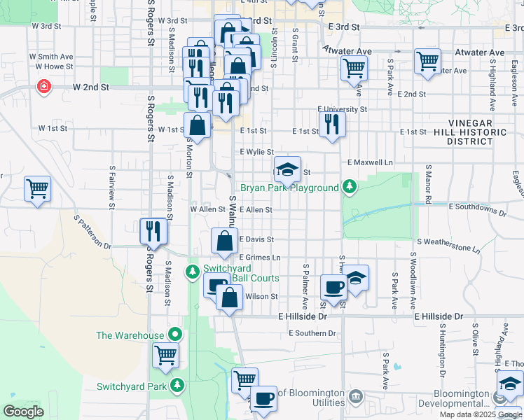 map of restaurants, bars, coffee shops, grocery stores, and more near 915 South Washington Street in Bloomington