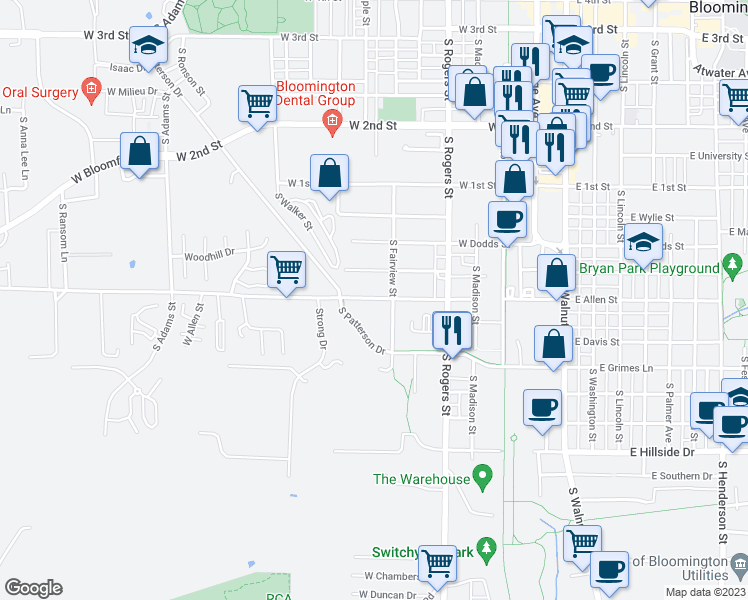 map of restaurants, bars, coffee shops, grocery stores, and more near 724 West Allen Street in Bloomington