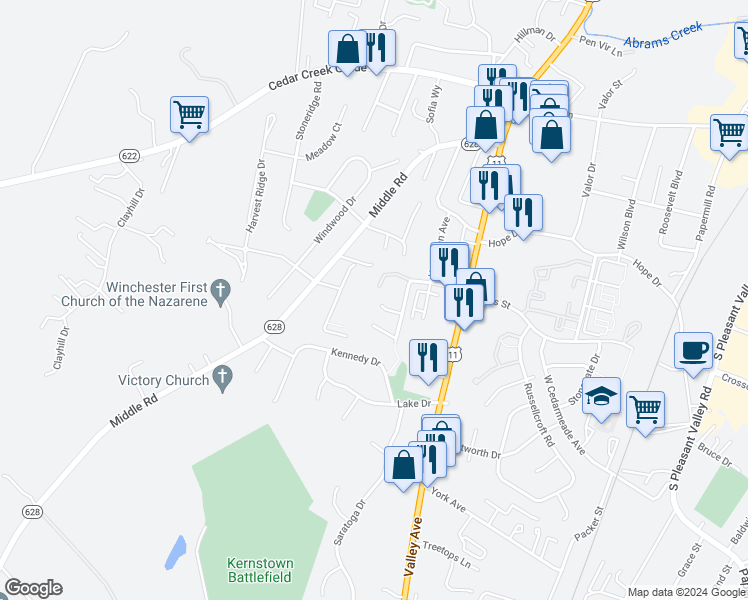 map of restaurants, bars, coffee shops, grocery stores, and more near 620 Crystal Court in Winchester