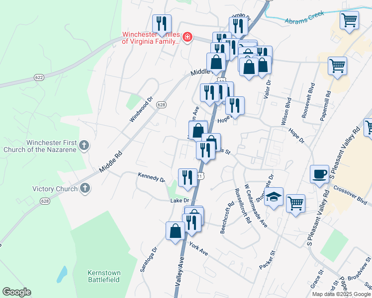 map of restaurants, bars, coffee shops, grocery stores, and more near 2639 Limestone Court in Winchester