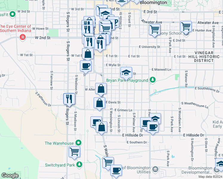 map of restaurants, bars, coffee shops, grocery stores, and more near S Washington St & E Allen St in Bloomington