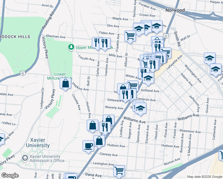 map of restaurants, bars, coffee shops, grocery stores, and more near 4217 Franklin Avenue in Cincinnati