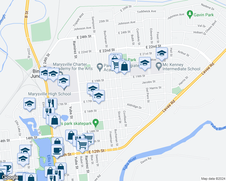 map of restaurants, bars, coffee shops, grocery stores, and more near 1729 Buchanan Street in Marysville