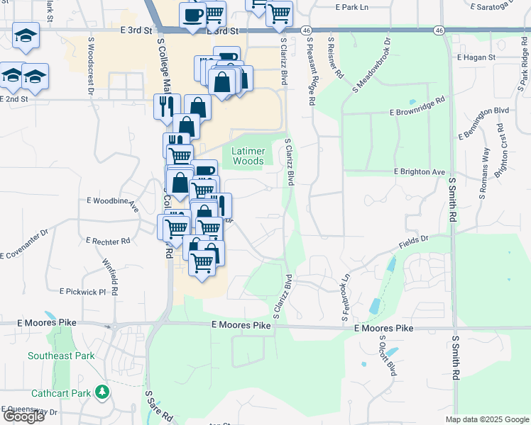map of restaurants, bars, coffee shops, grocery stores, and more near 940 South Clarizz Boulevard in Bloomington