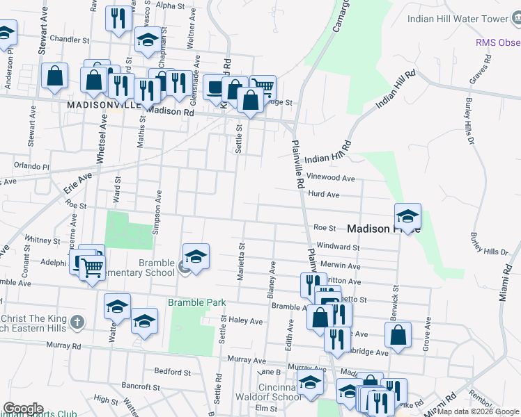 map of restaurants, bars, coffee shops, grocery stores, and more near 6601 Buckingham Place in Cincinnati