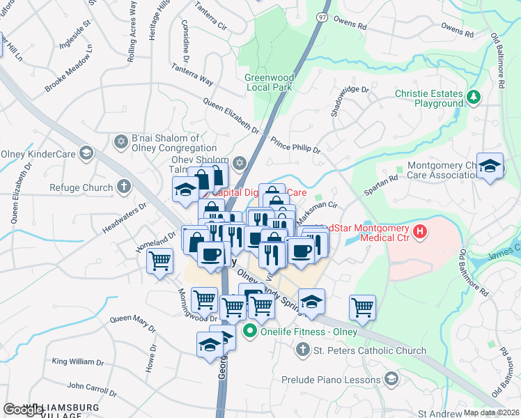 map of restaurants, bars, coffee shops, grocery stores, and more near 18330 Village Center Drive in Olney