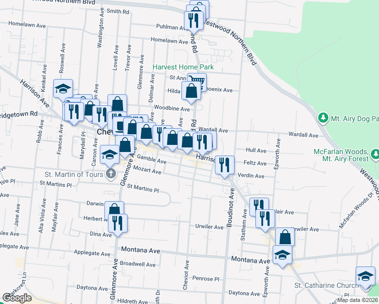map of restaurants, bars, coffee shops, grocery stores, and more near 3816 North Bend Road in Cincinnati