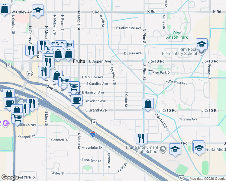 map of restaurants, bars, coffee shops, grocery stores, and more near 232 South Sycamore Street in Fruita