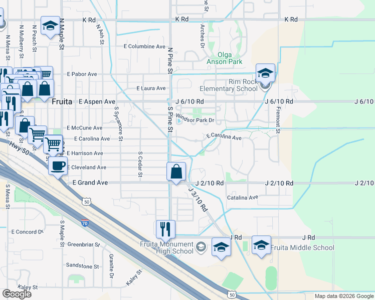 map of restaurants, bars, coffee shops, grocery stores, and more near 1124 East Carolina Avenue in Fruita