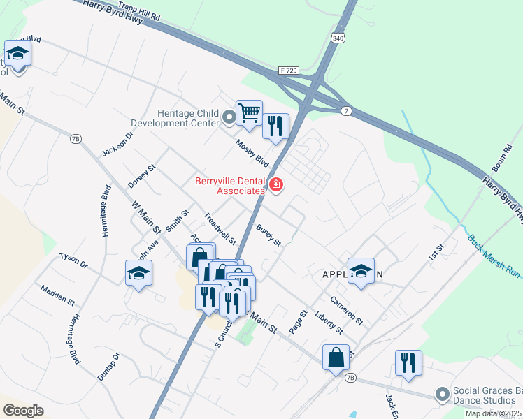 map of restaurants, bars, coffee shops, grocery stores, and more near 310 North Buckmarsh Street in Berryville