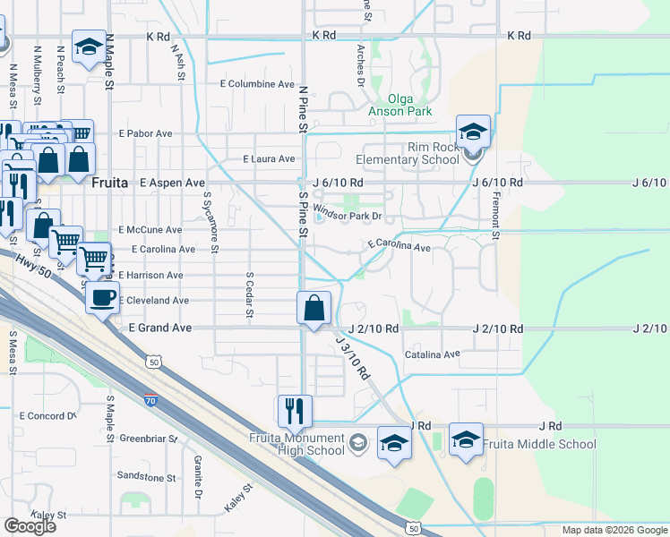 map of restaurants, bars, coffee shops, grocery stores, and more near 1124 East Carolina Avenue in Fruita