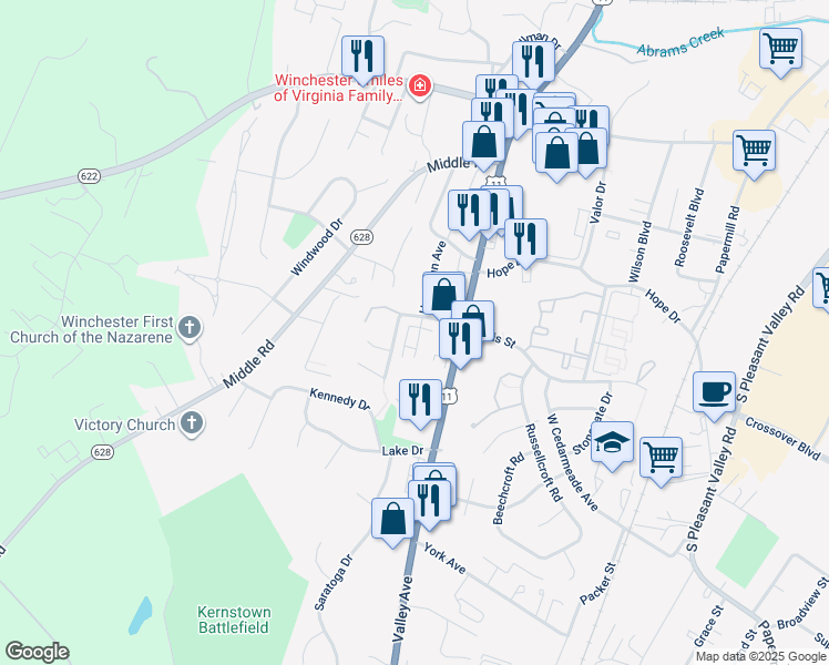 map of restaurants, bars, coffee shops, grocery stores, and more near 2629 Limestone Court in Winchester