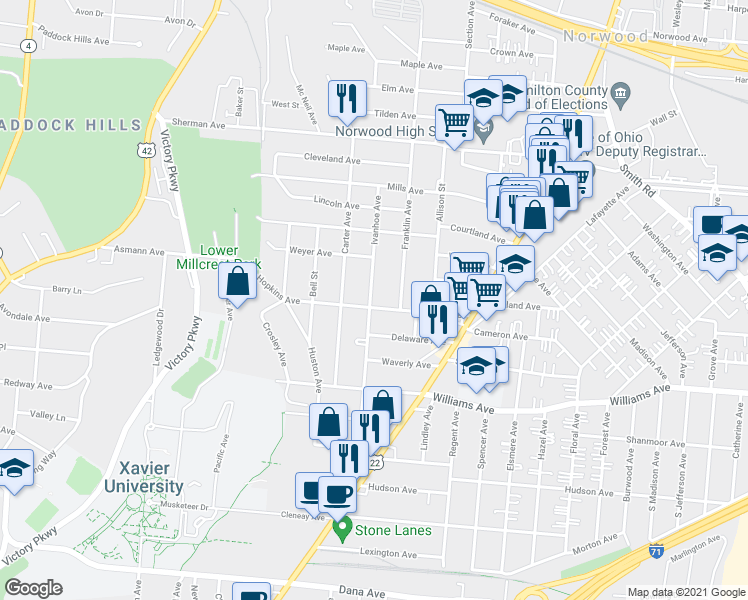 map of restaurants, bars, coffee shops, grocery stores, and more near 4217 Franklin Avenue in Cincinnati