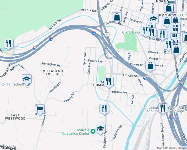 map of restaurants, bars, coffee shops, grocery stores, and more near 3740 Cass Avenue in Cincinnati