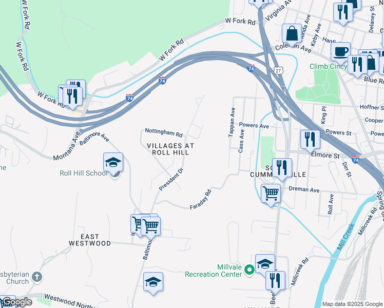 map of restaurants, bars, coffee shops, grocery stores, and more near 3801-4017 President Dr in Cincinnati
