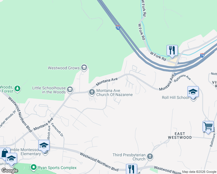 map of restaurants, bars, coffee shops, grocery stores, and more near 2481 Montana Avenue in Cincinnati