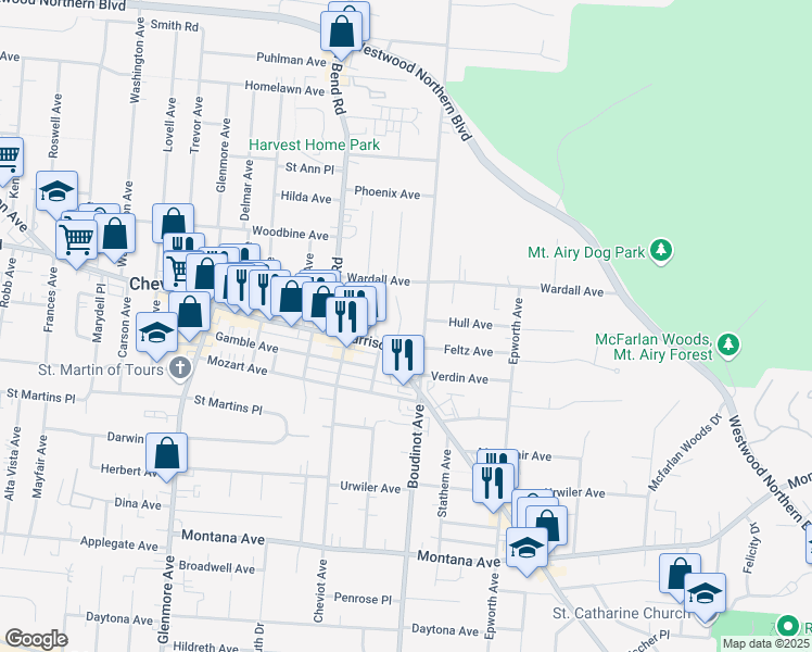 map of restaurants, bars, coffee shops, grocery stores, and more near 3655 Boudinot Avenue in Cincinnati