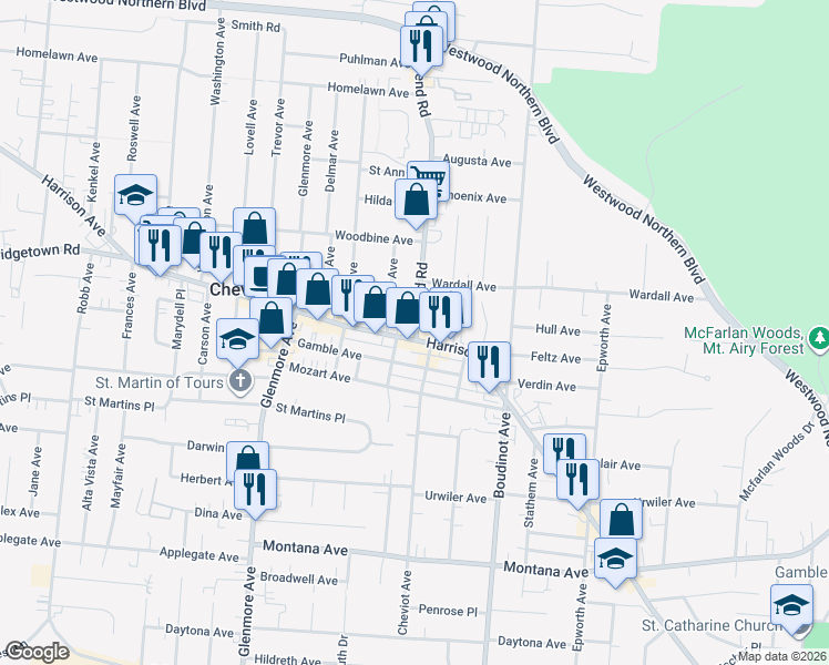 map of restaurants, bars, coffee shops, grocery stores, and more near 3816 North Bend Road in Cincinnati