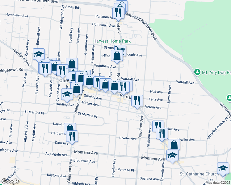 map of restaurants, bars, coffee shops, grocery stores, and more near 3816 North Bend Road in Cincinnati