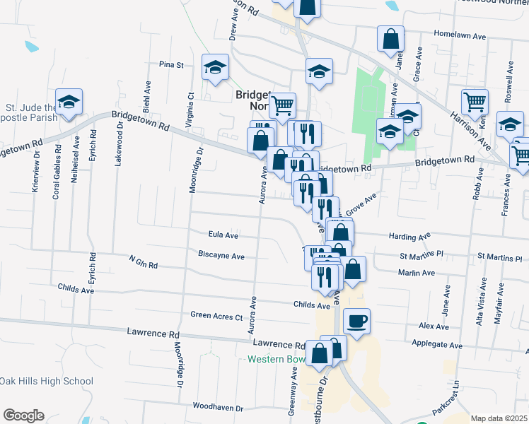 map of restaurants, bars, coffee shops, grocery stores, and more near 5541 Surrey Avenue in Cincinnati