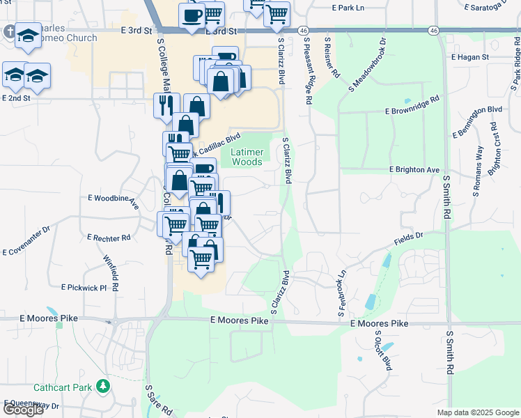 map of restaurants, bars, coffee shops, grocery stores, and more near 936 South Clarizz Boulevard in Bloomington