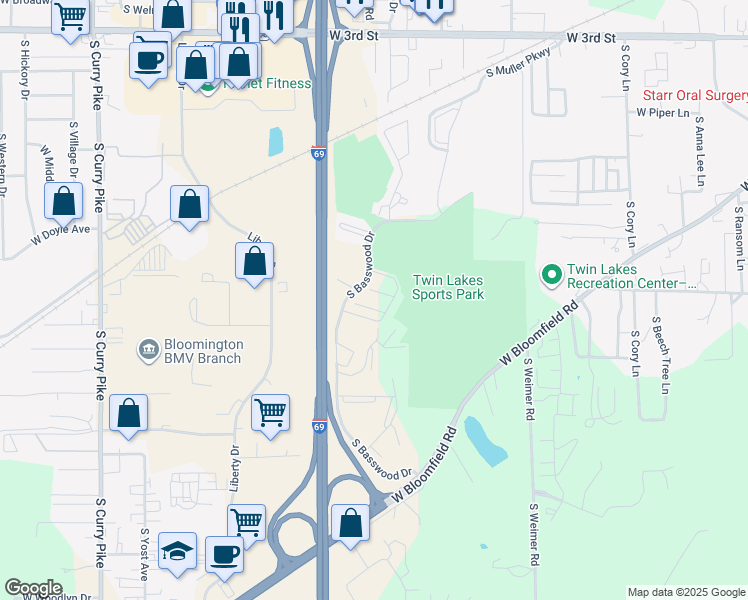 map of restaurants, bars, coffee shops, grocery stores, and more near 2801 West Heartwood Court in Bloomington