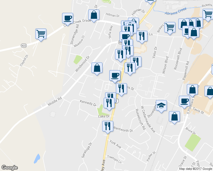 map of restaurants, bars, coffee shops, grocery stores, and more near 2625 Limestone Court in Winchester