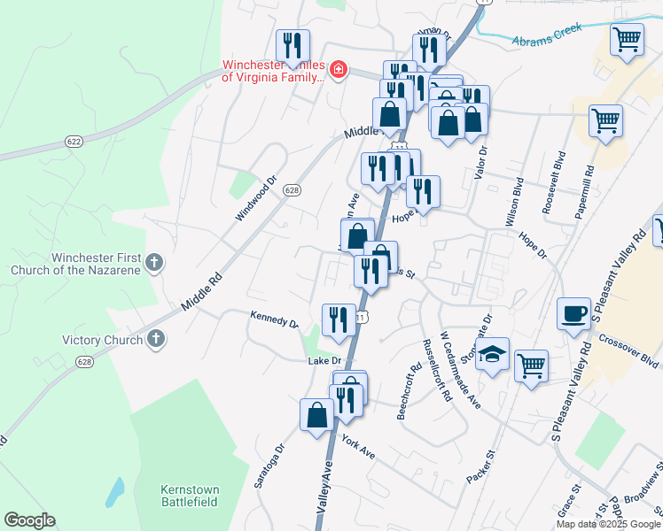 map of restaurants, bars, coffee shops, grocery stores, and more near 2625 Limestone Court in Winchester